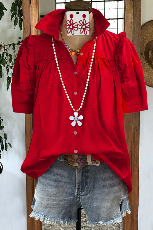 Floral Solid Color Pleated Puff Sleeve Blouse