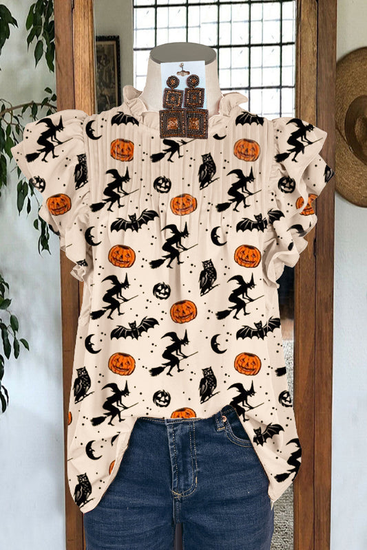 Elegant Ruffled Sleeve Paneled Pleated Pumpkin Blouse