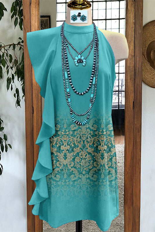 Western Ombre Print Asymmetric Ruffle Dress