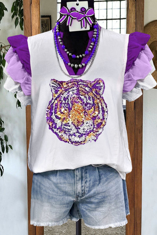 Sequins Ruffled Contrast Tiger Blouse