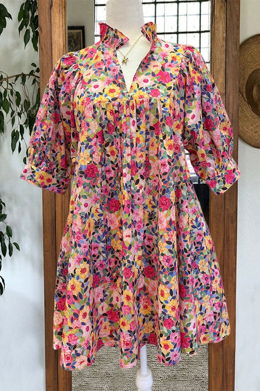 Multi Flower Print Ruffle Dress