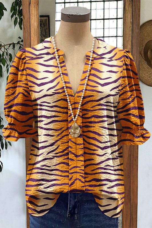 Casual Tiger Stripes Puff Sleeve Blouse